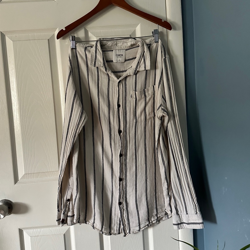 Soft White Casual Button Down with Black Pin Strip - Karin Men’s LG